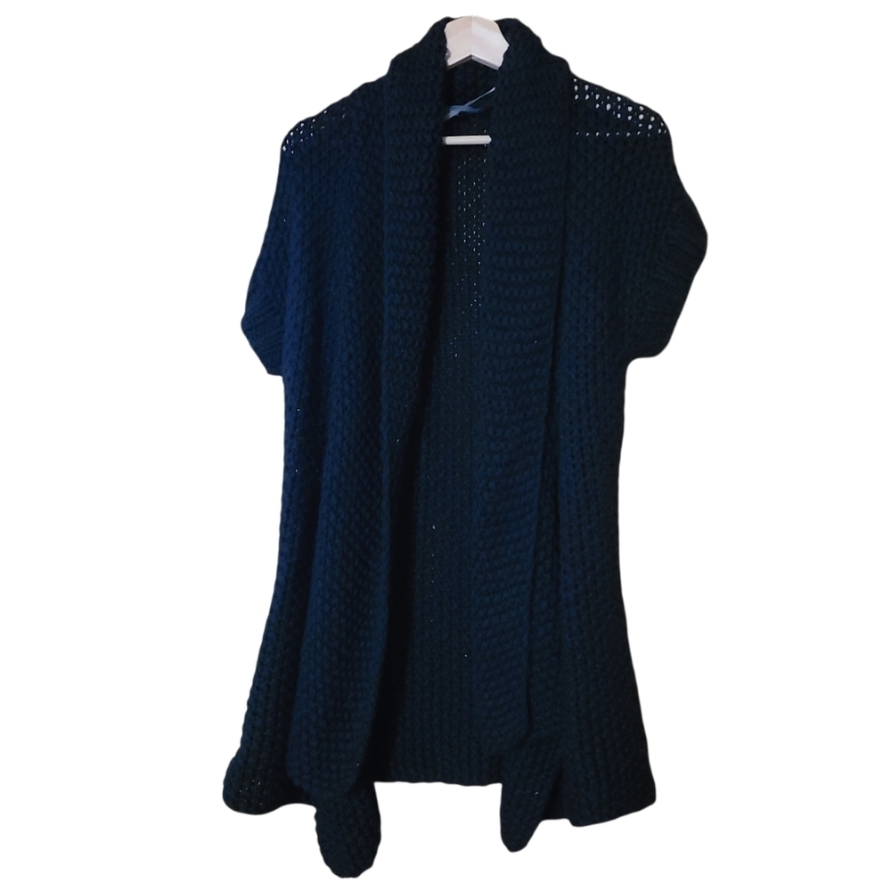 Cassis black short-sleeved wool  long opened cardigan sweater